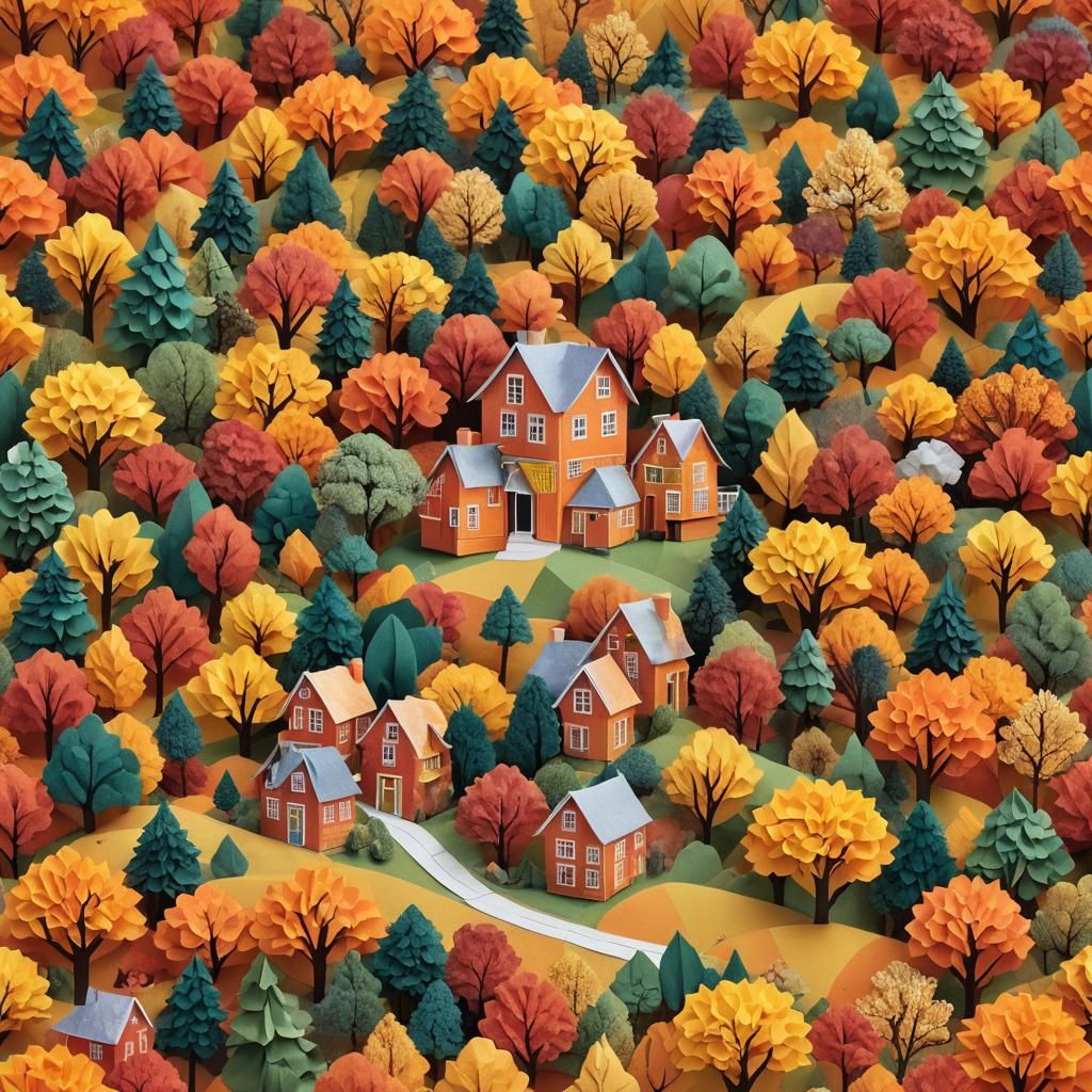 Autumn House Paper Collage in Origami Style