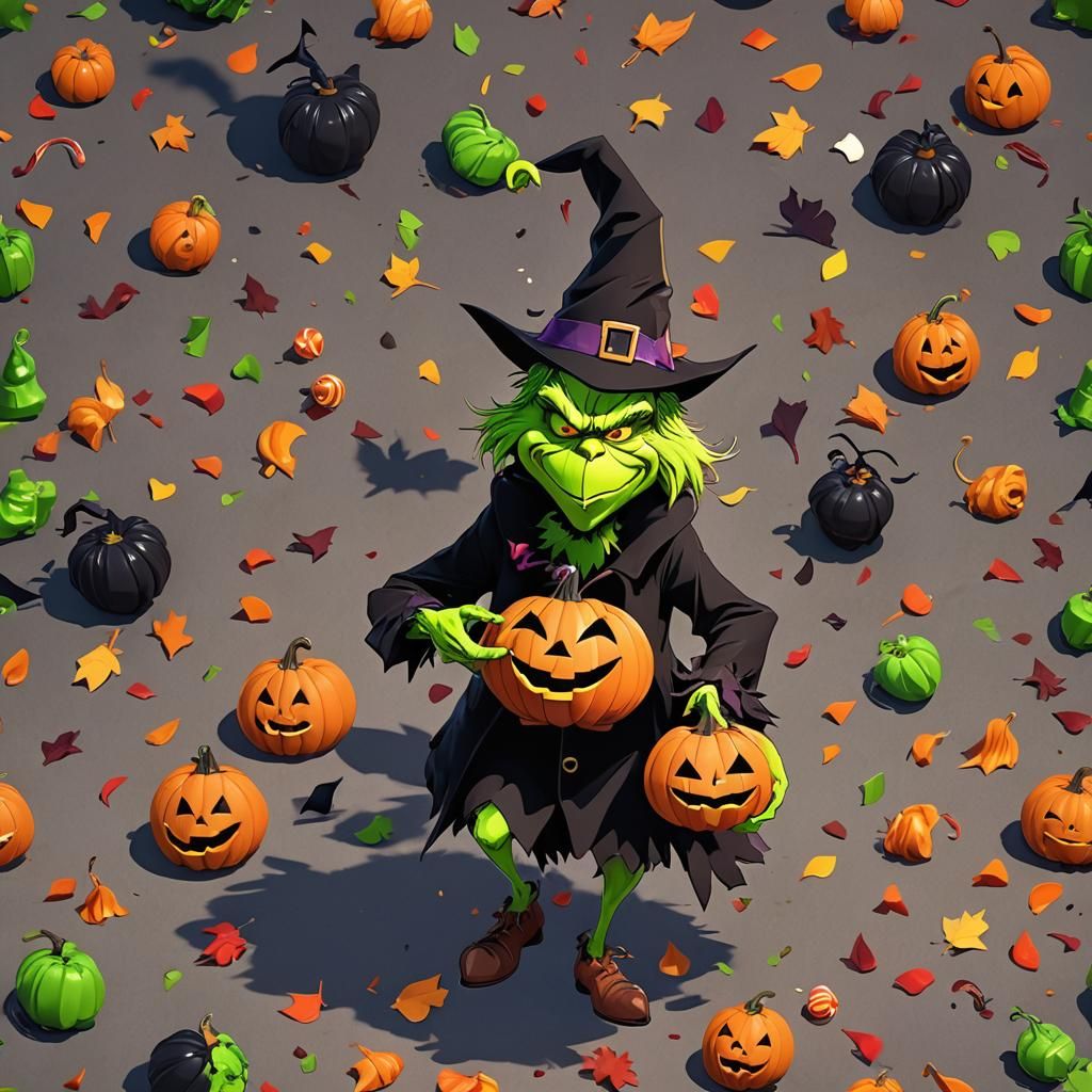 Grinch Steals Halloween Candy in Anime Style