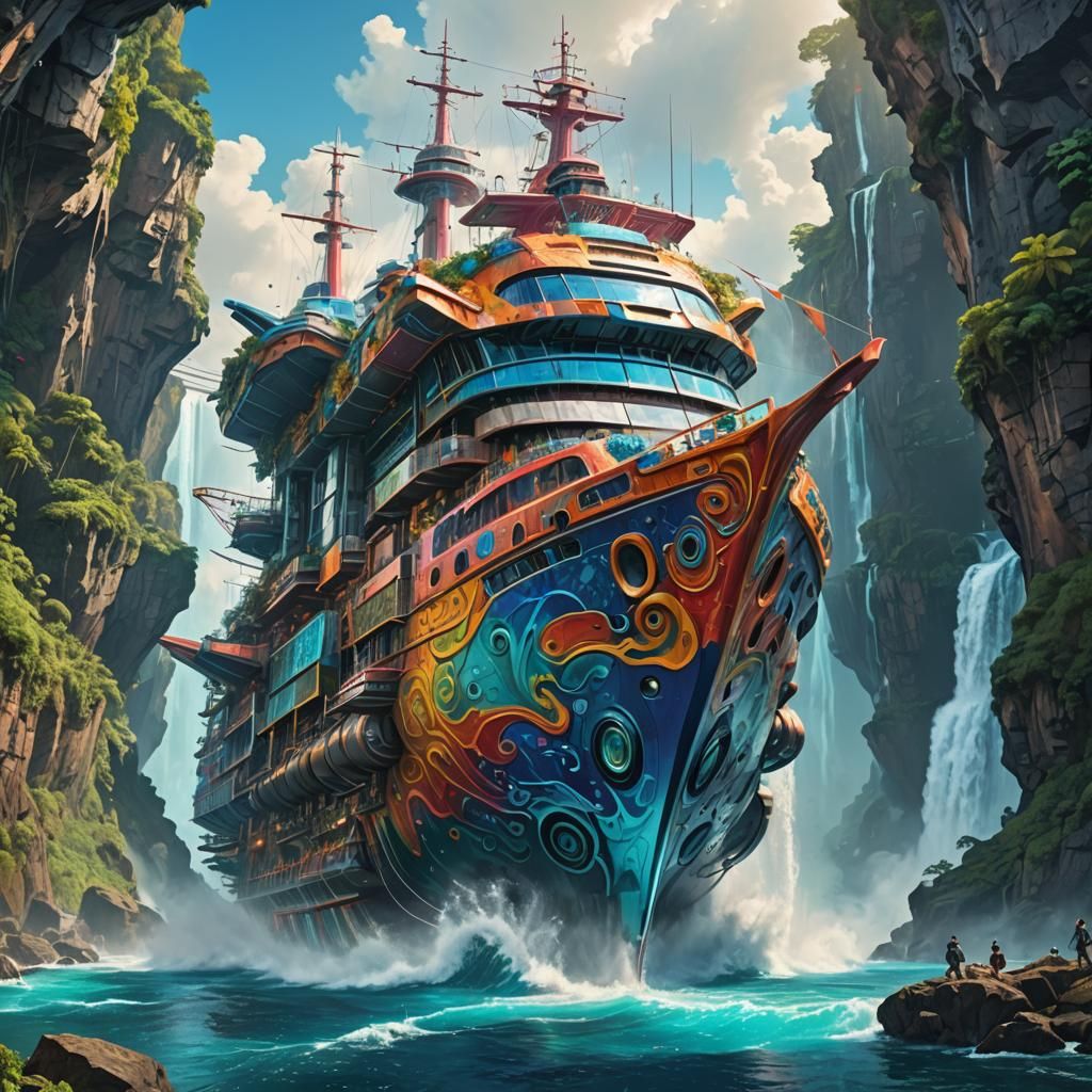Futuristic Psychedelic Ship in Caribbean Landscape