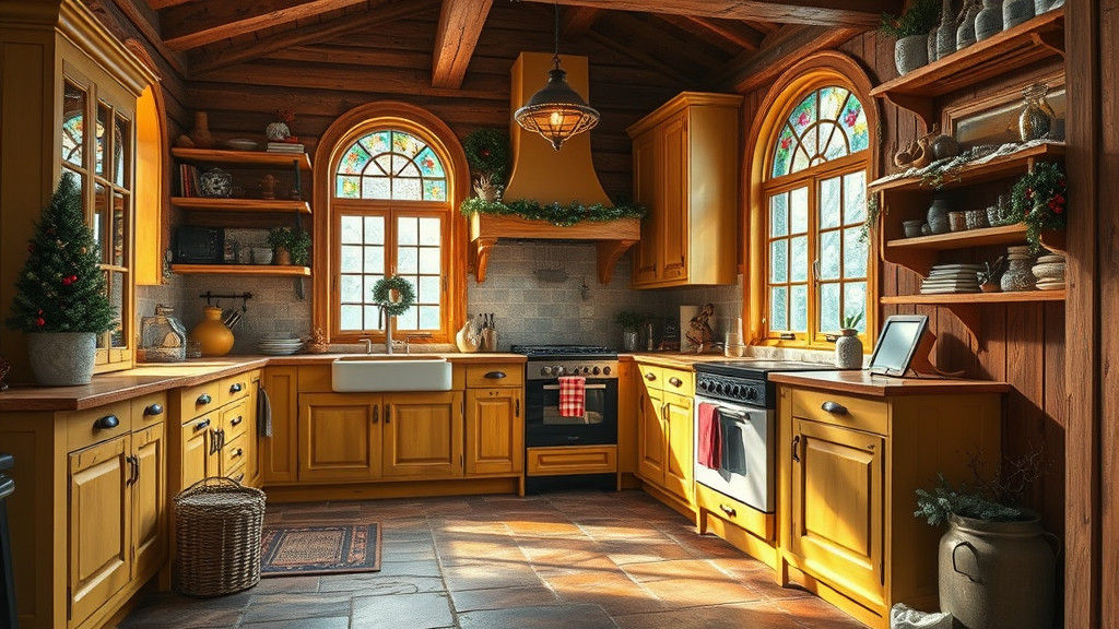 Cozy Rustic Kitchen with Stained Glass, Photorealistic