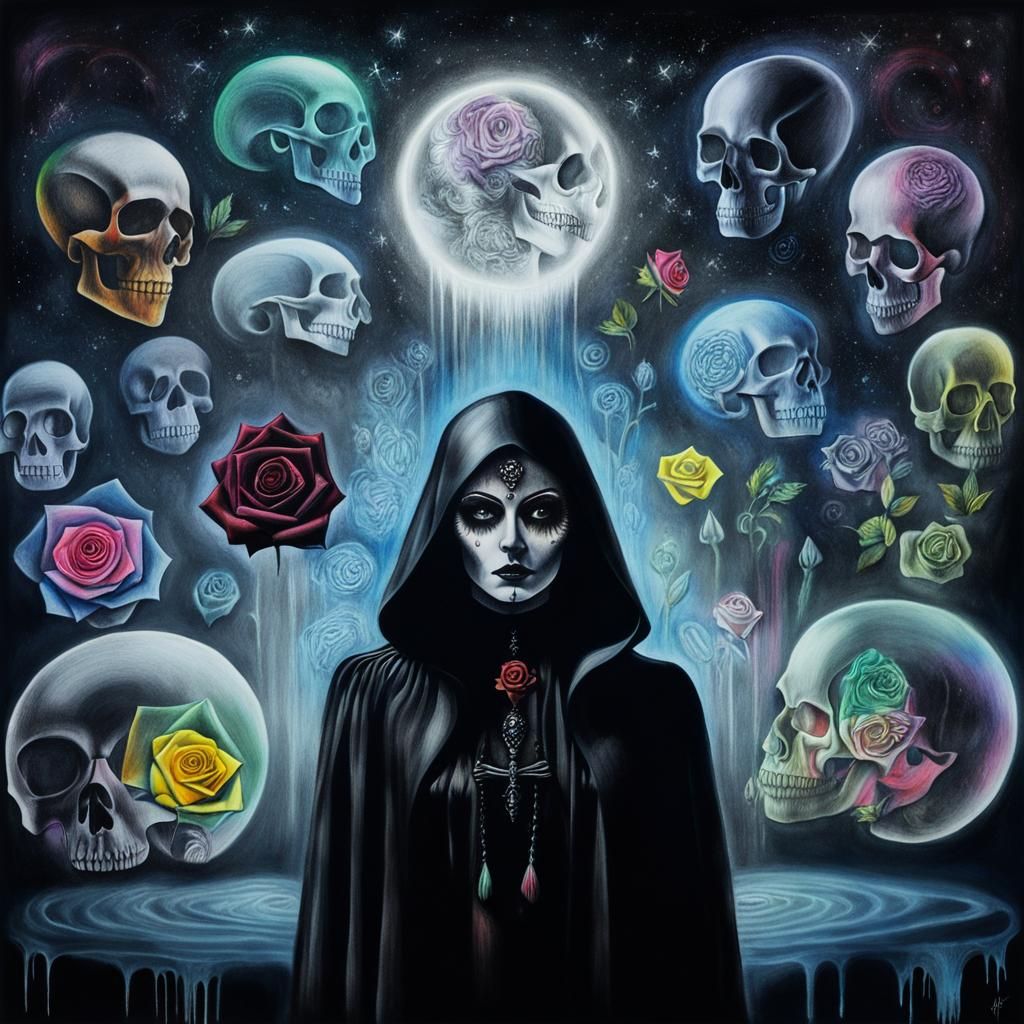 Surreal Crayon Drawing of Goth Woman with Rayograph Elements