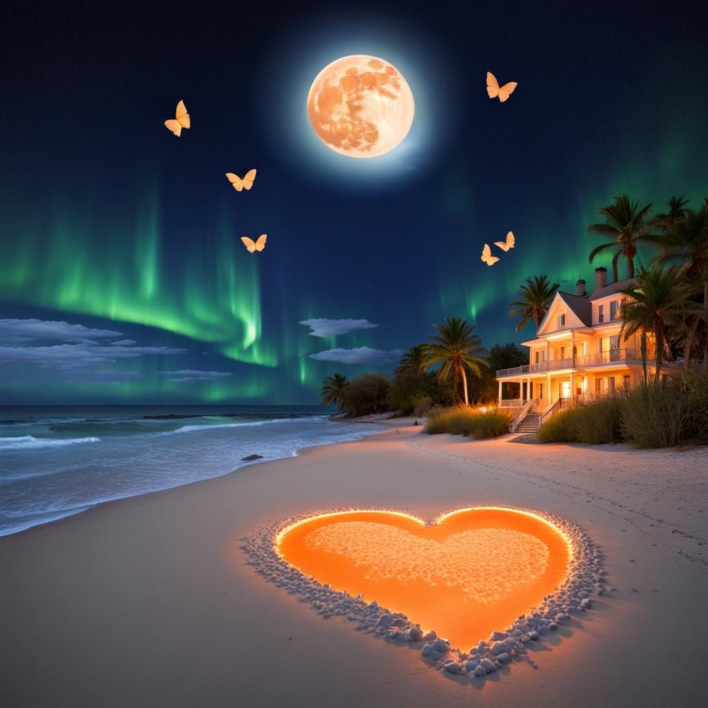 Aurora and Butterflies Form Heart on Beach