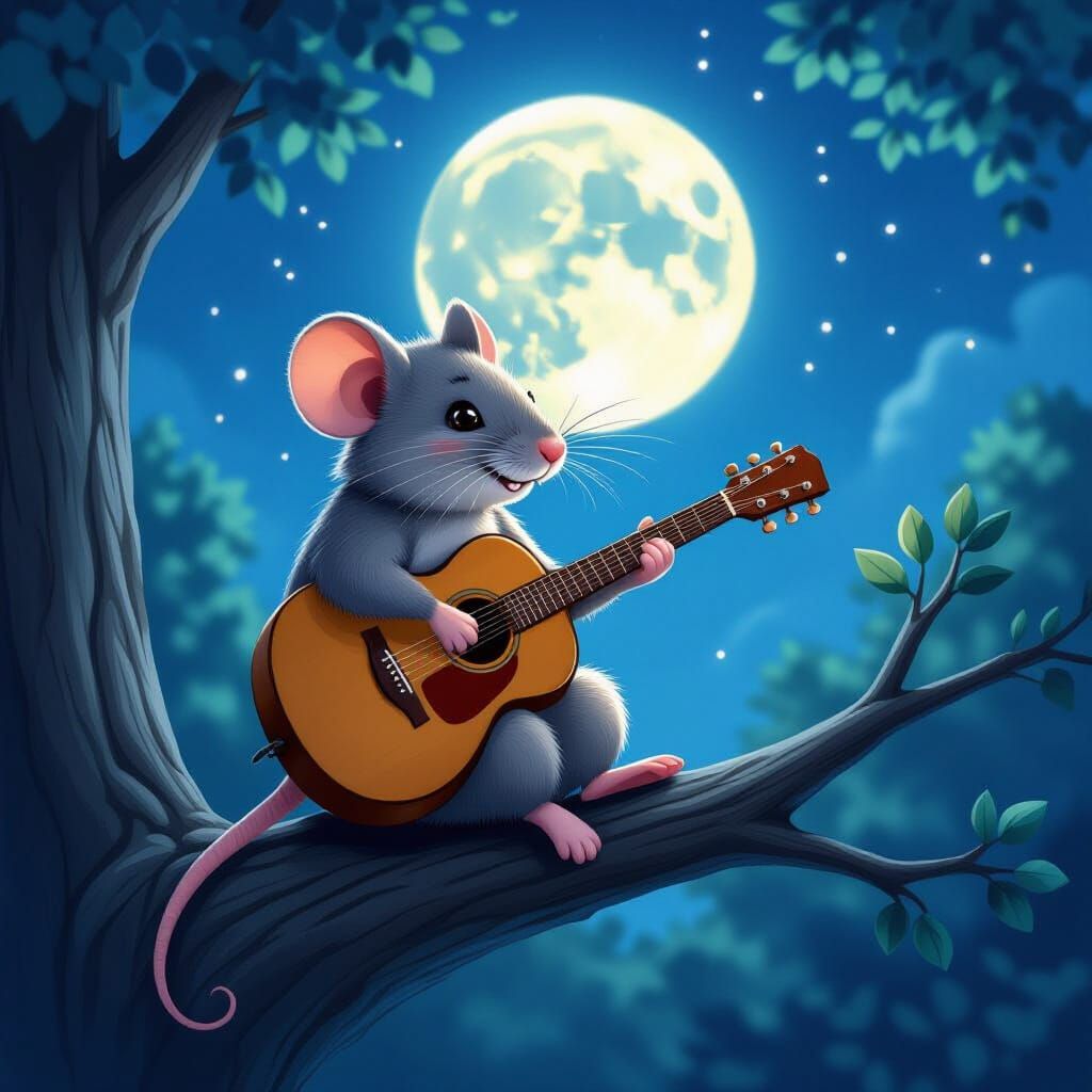 Mouse Guitar Serenade Under Moonlight