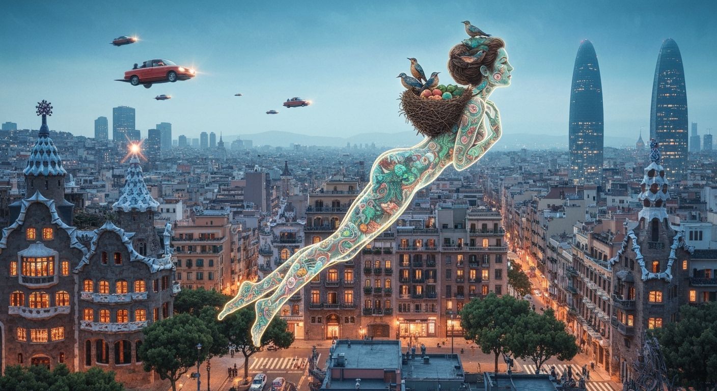 Surreal Bioluminescent Cityscape Inspired by Gaudí