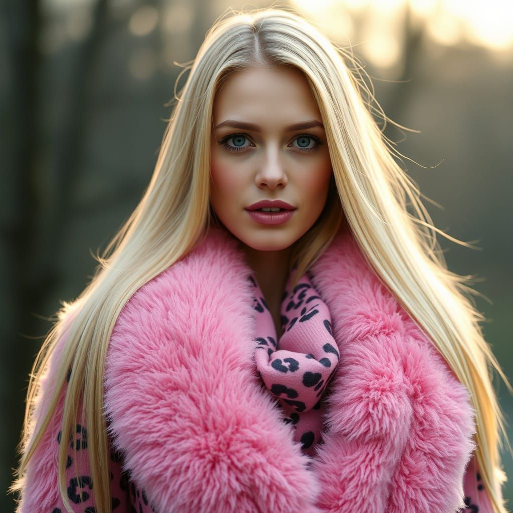 Glamorous Blonde Beauty in Vibrant Pink Fleece Dress