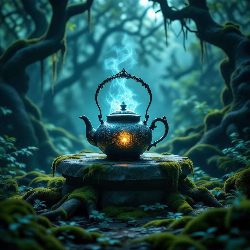 Mystical Teapot in Ancient Forest Digital Matte Painting