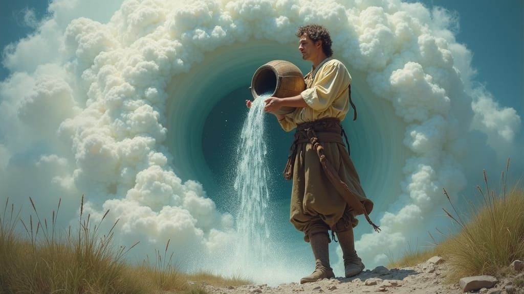 Rainmaker Pouring Water onto Clouds as Oil Painting