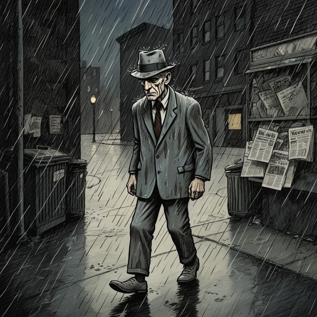 Disheveled Man in Rain, Expressive Ink Drawing