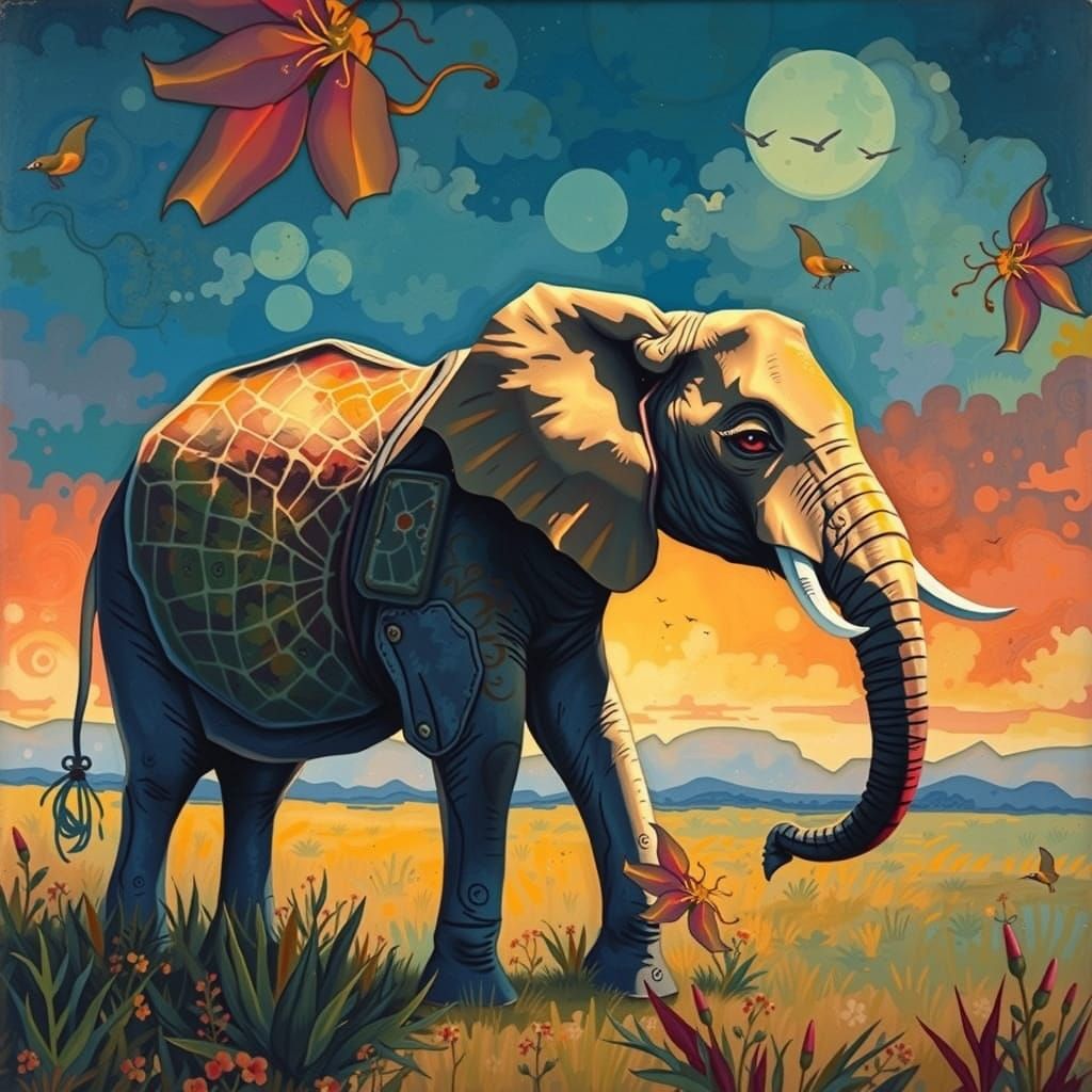 Dreamlike Elephant-Giraffe Hybrid in Lush Savannah