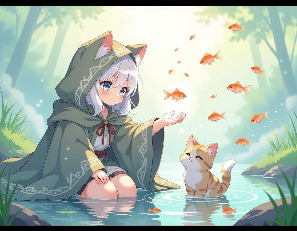 Cutesy Kitten Sorceress Summoning Fish in Pastel Dreamscape
