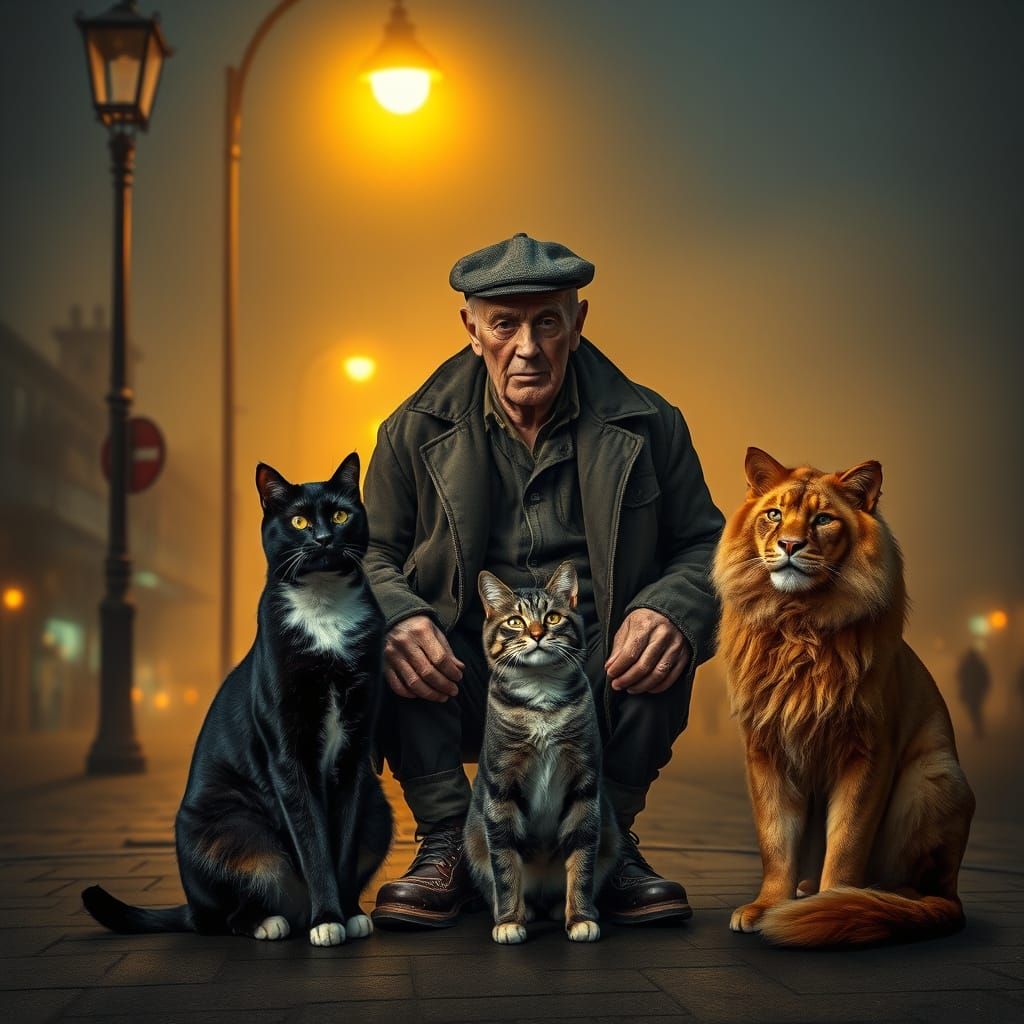 Majestic Cats Unite in a Haunting Cityscape