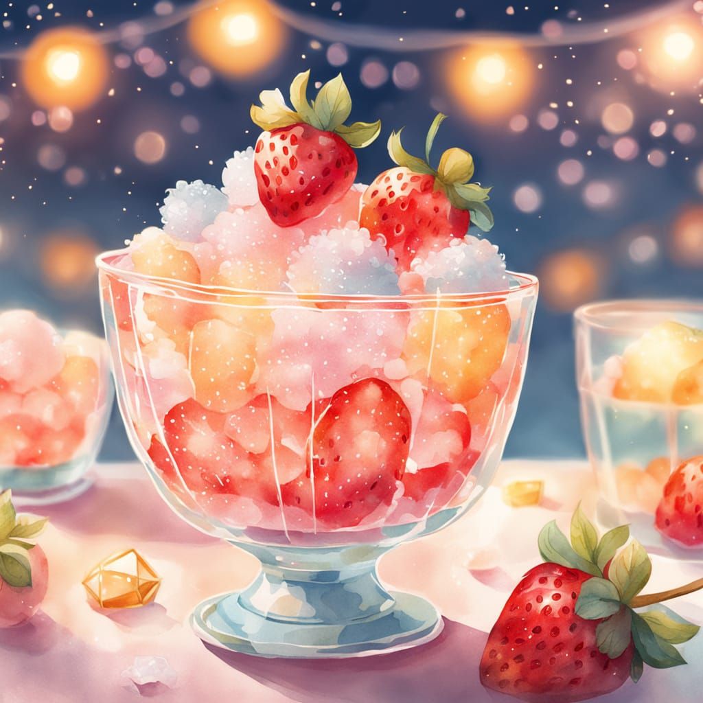 Strawberry Shaved Ice Dessert in Watercolor Style