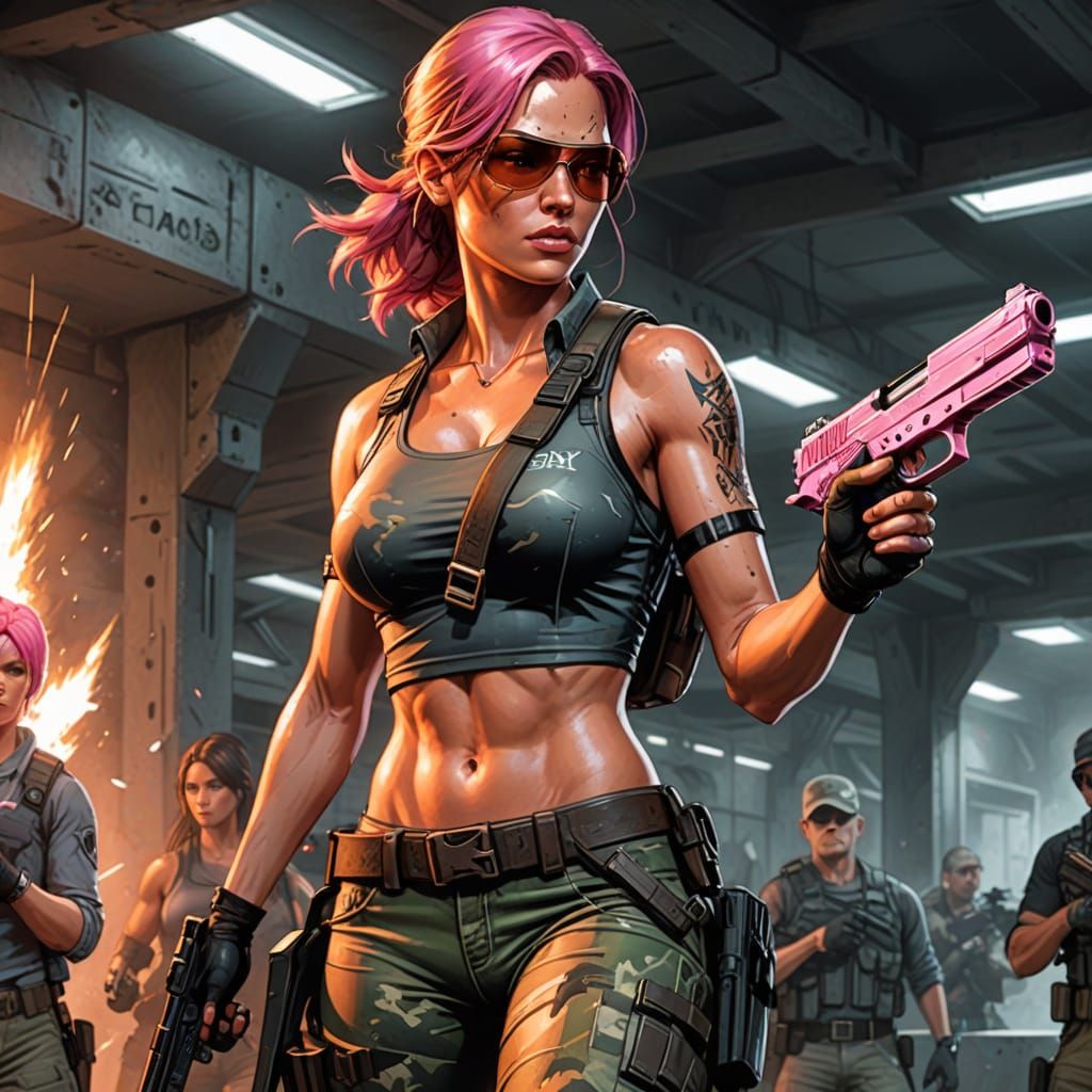 Camo Lara Croft with Desert Eagles, Comic Book Art