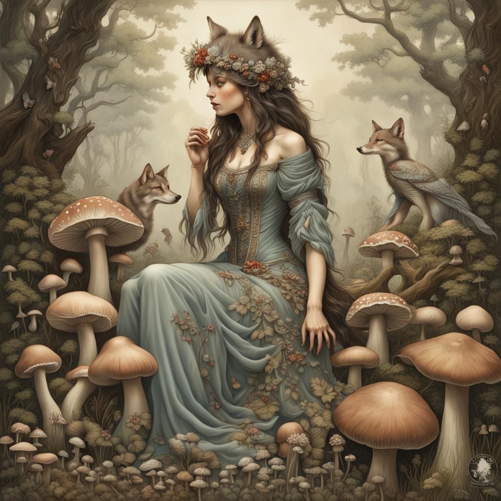 Sensual Wolfwoman in Detailed Forest Illustration