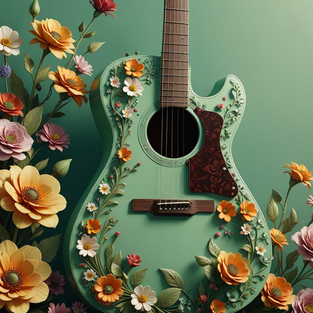 Surreal Floral Guitar in Vibrant Digital Art