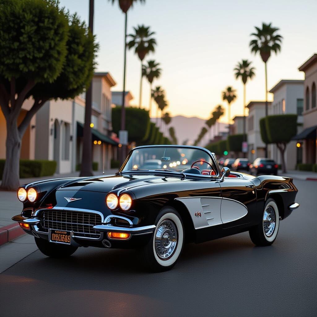 1962 Black Corvette Convertible on LA Street at Dusk