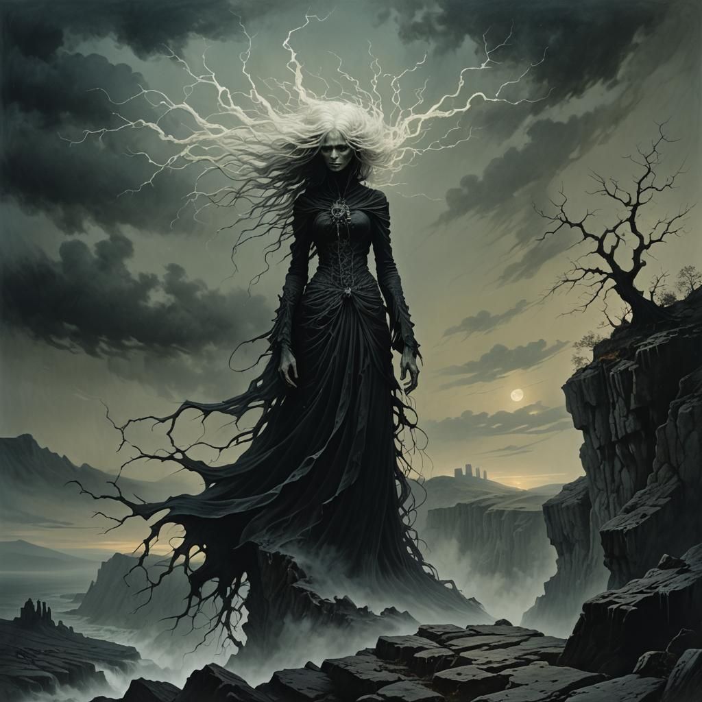 A mystical, banshee-like creature with long, flowing silver hair that cascades down her back like a river of moonlight, ...