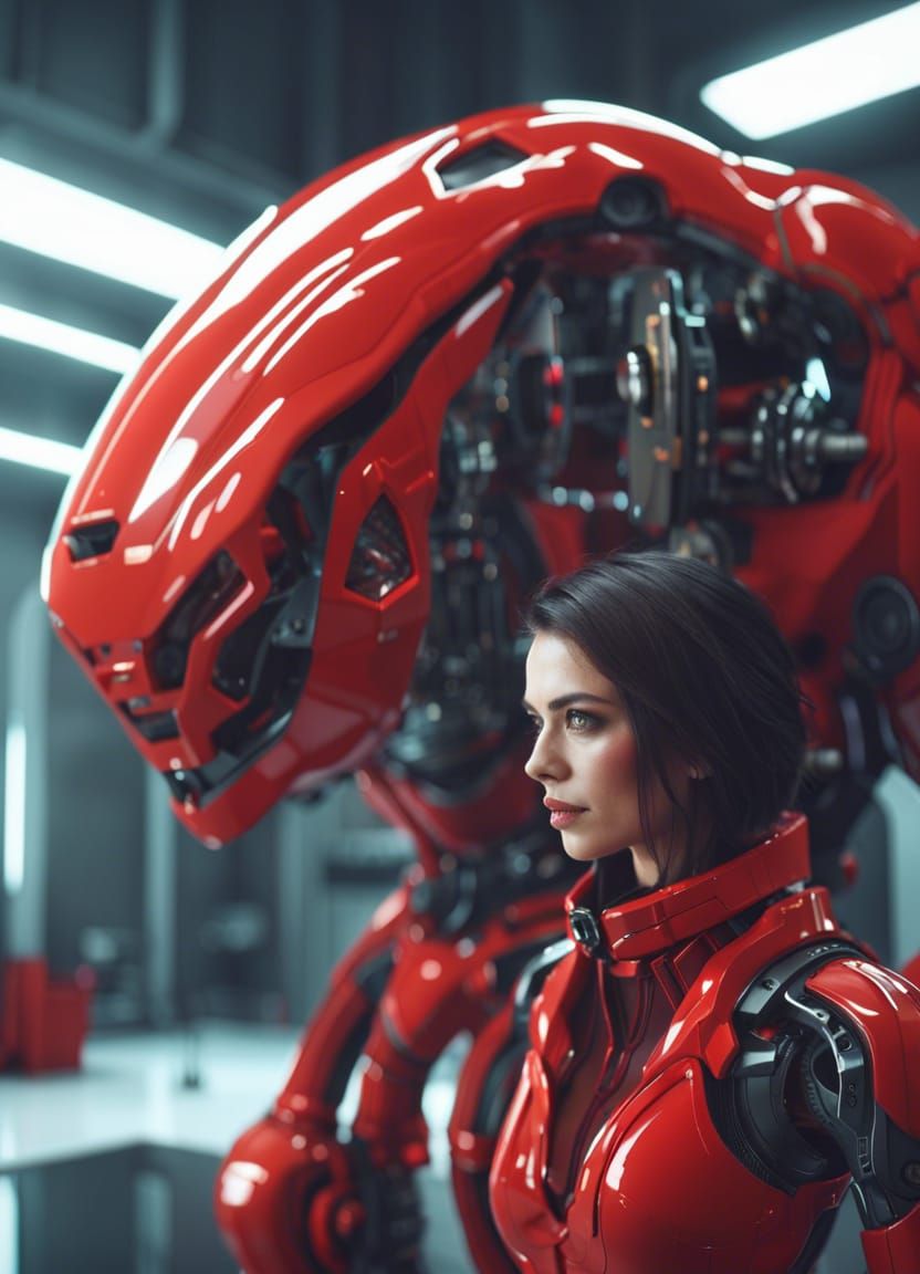 Red Robot Repair in Futuristic Lab