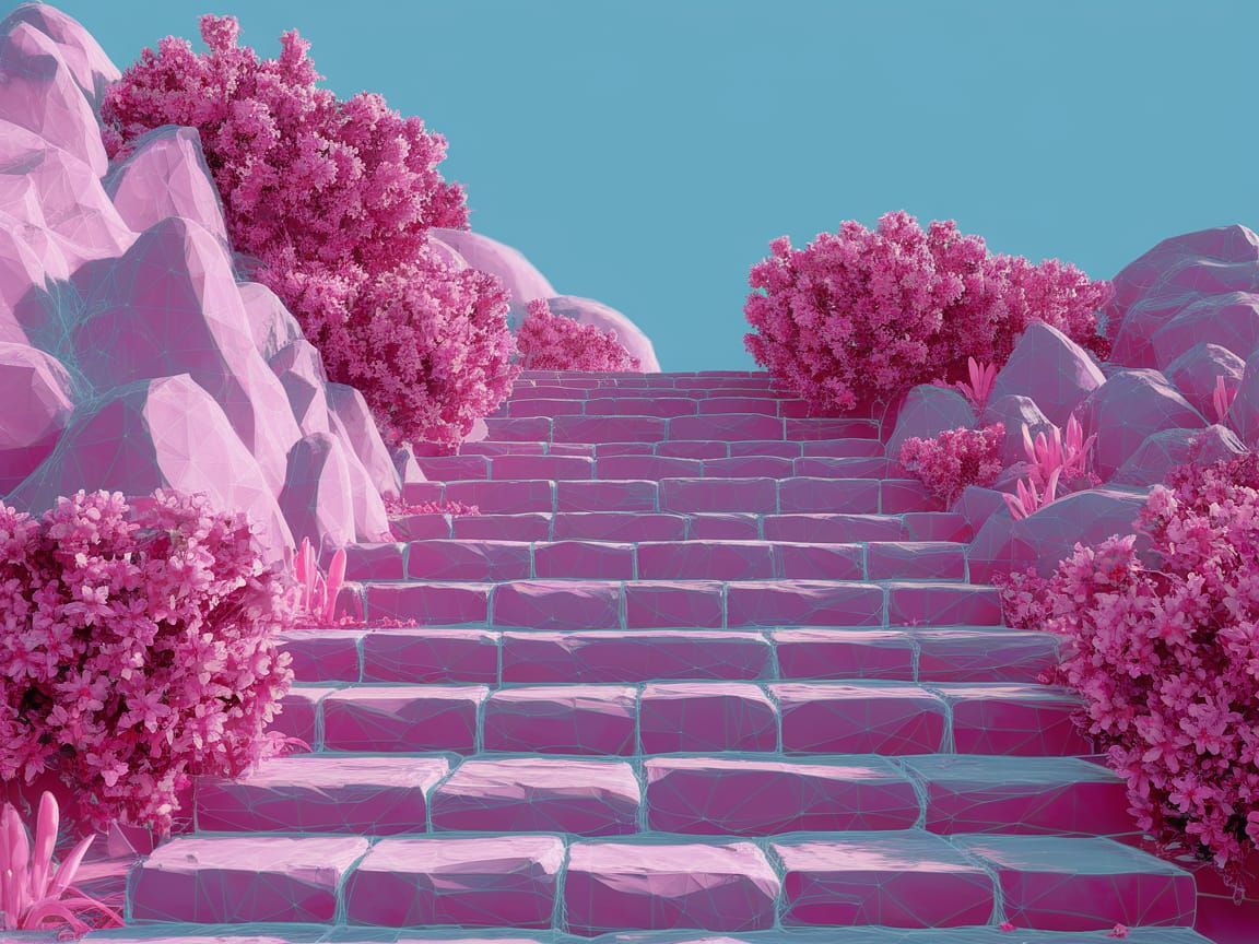 Vibrant Pink Staircase in Surreal Digital Art Style