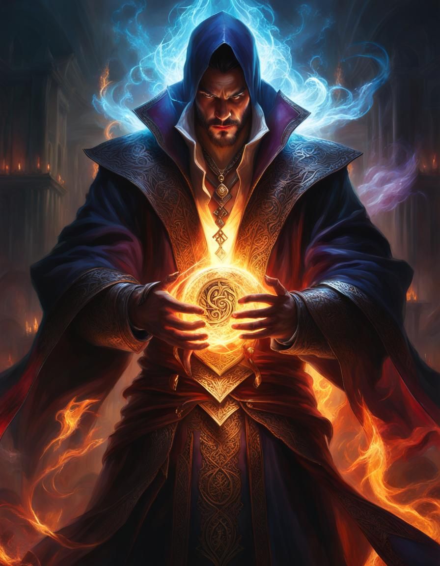 Elegant Sorcerer with Glowing Aura and Magic Runes