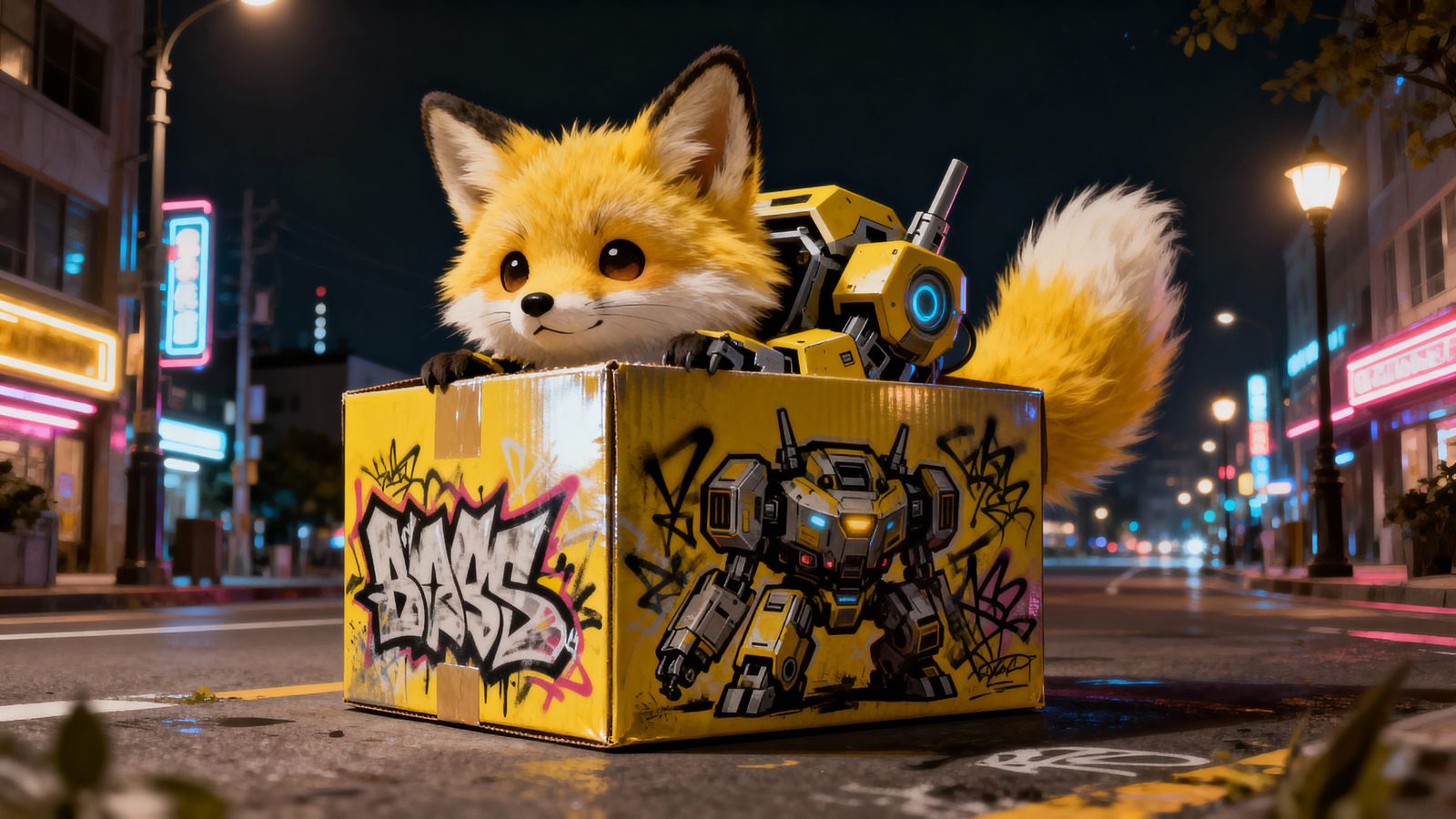 Chibi Fox Peeking From Graffiti Box in Urban Nightscape