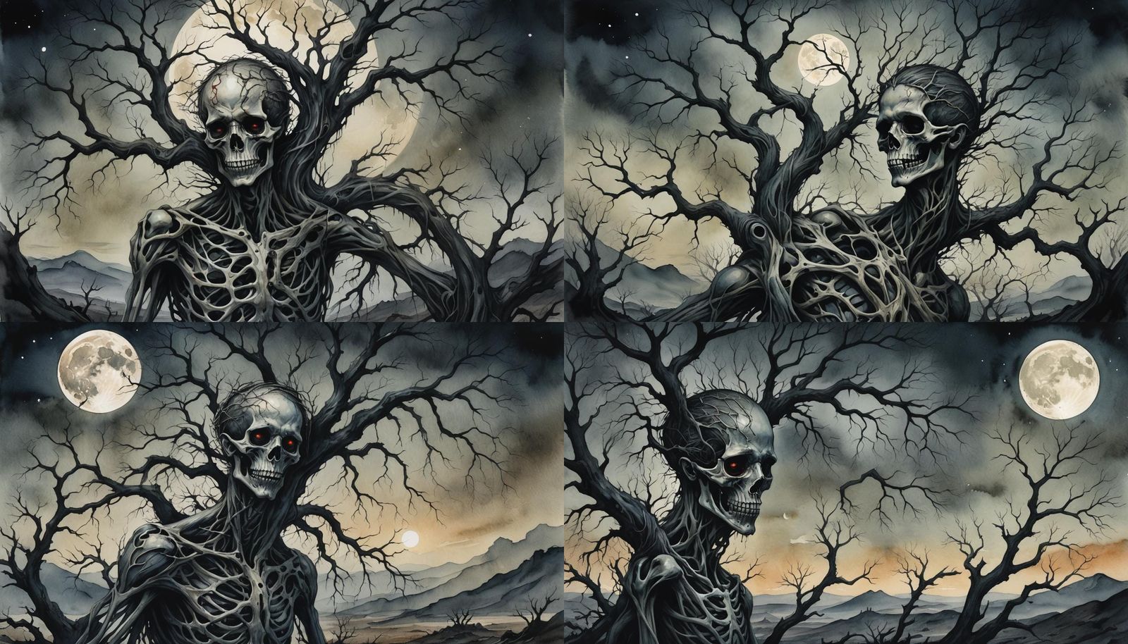 Grotesque Figure Embraces Lifeless Tree in Dark Fantasy