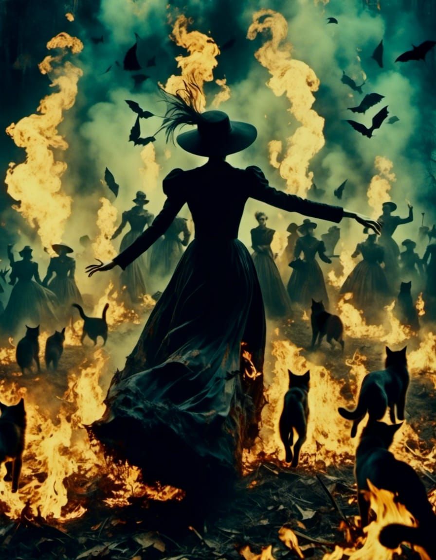 Witches' Dance Around Cemetery Fire in Autochrome Style