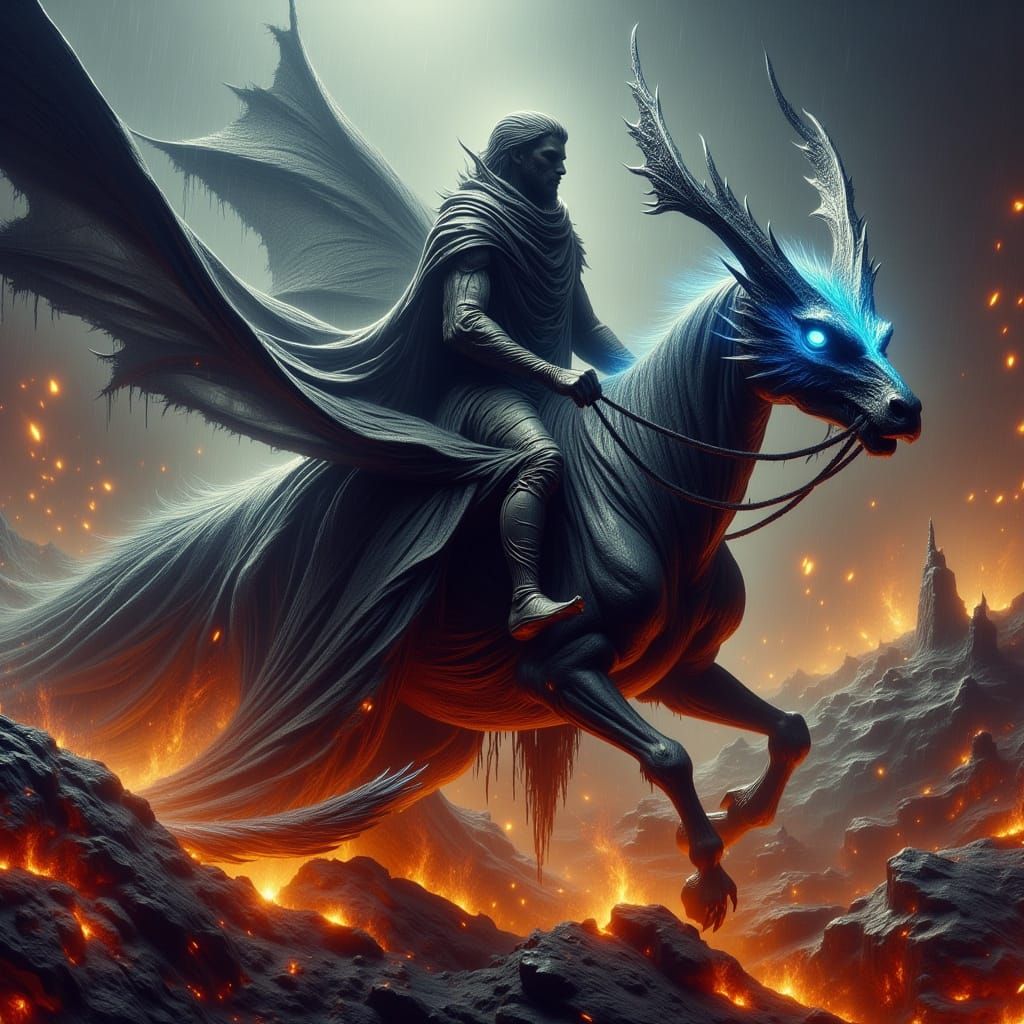 Volcanic Rider on Blue Dragon in Apocalyptic Style