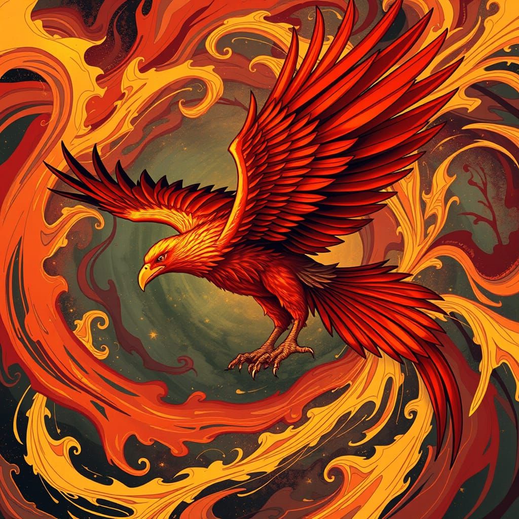 Phoenix-Vulture Hybrid Soaring Through Abstract Flames, Art ...