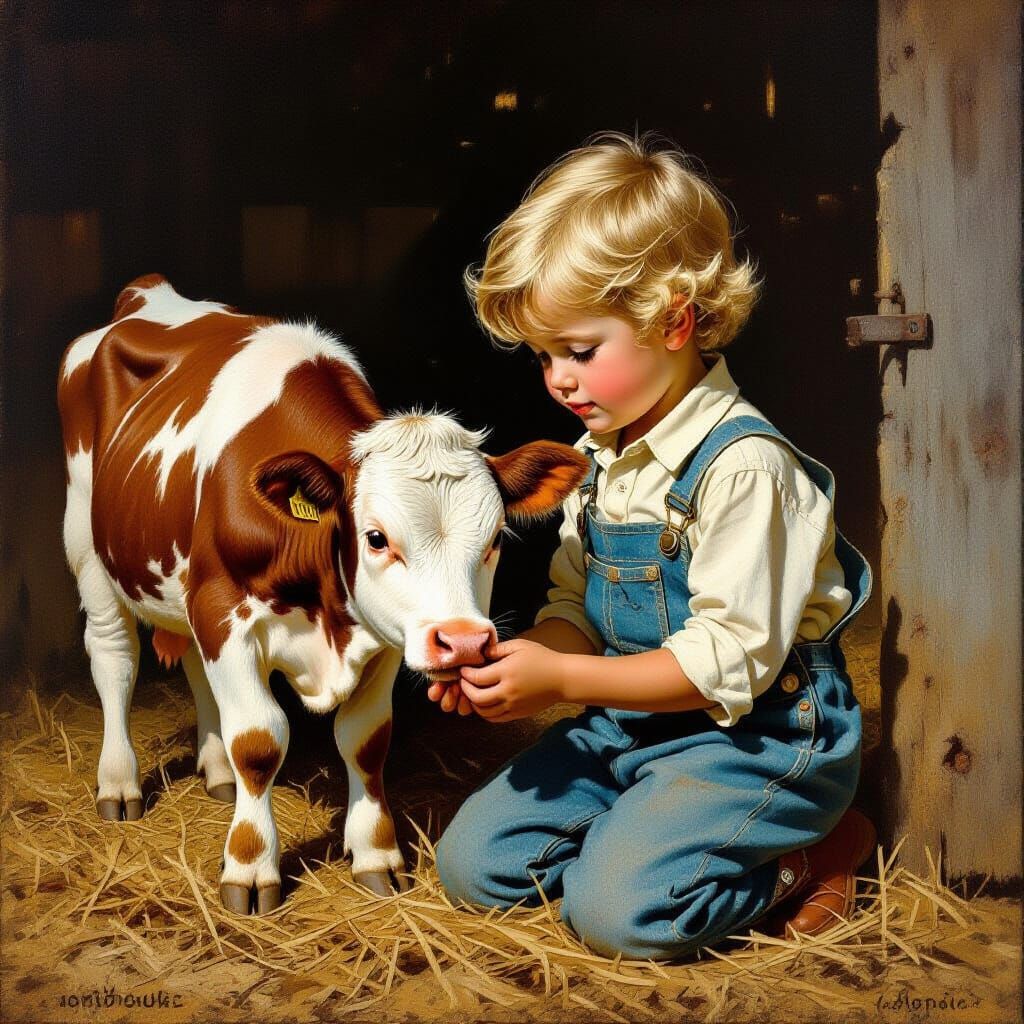 Boy Milking Cow in Rustic Barn, Rockwell Style