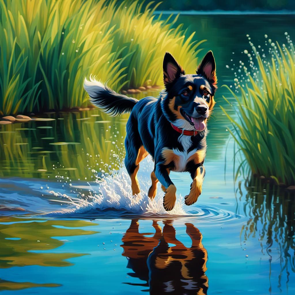 Dog Running by Lake in Impressionistic Style