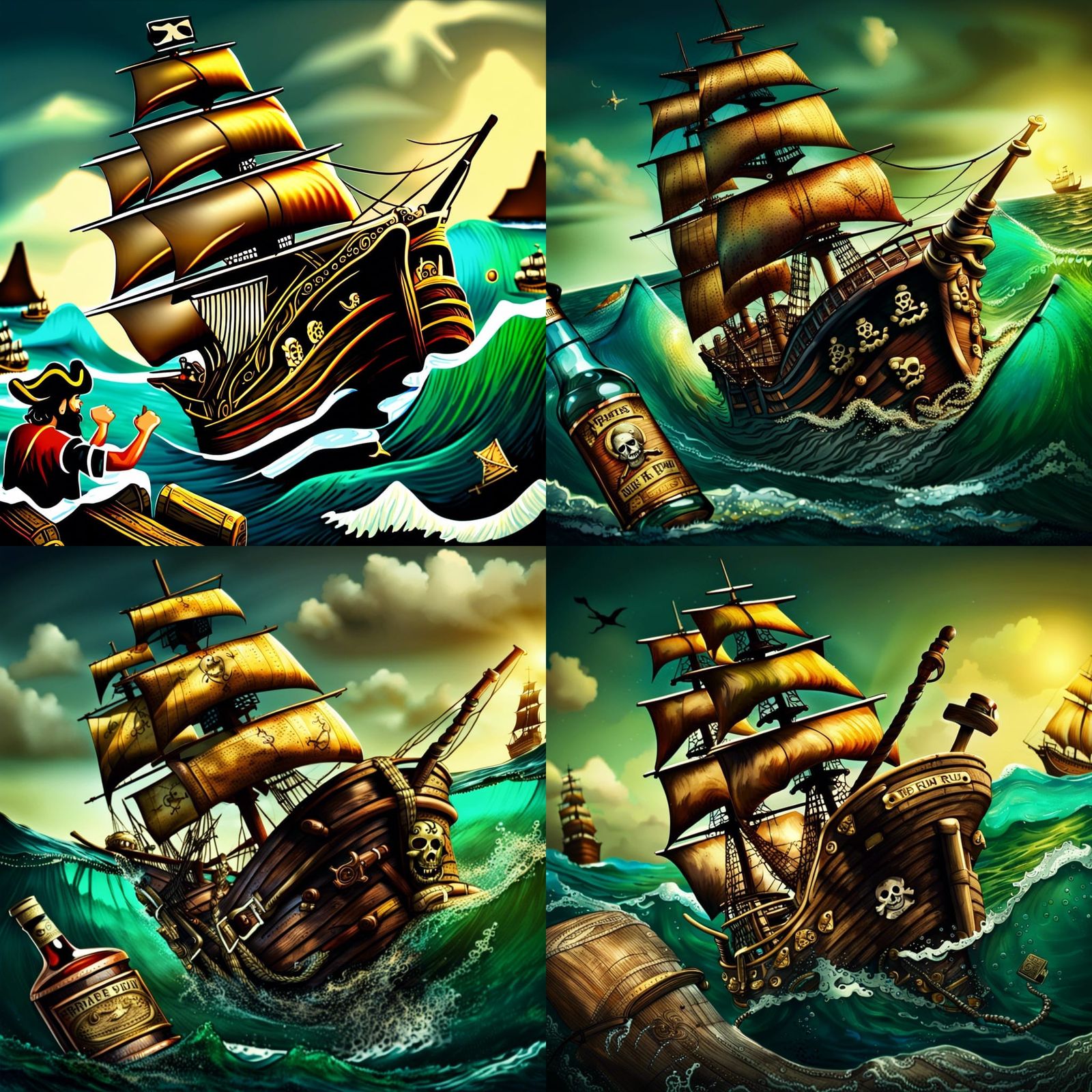 Pirates Stealing Rum from Ship in Ocean