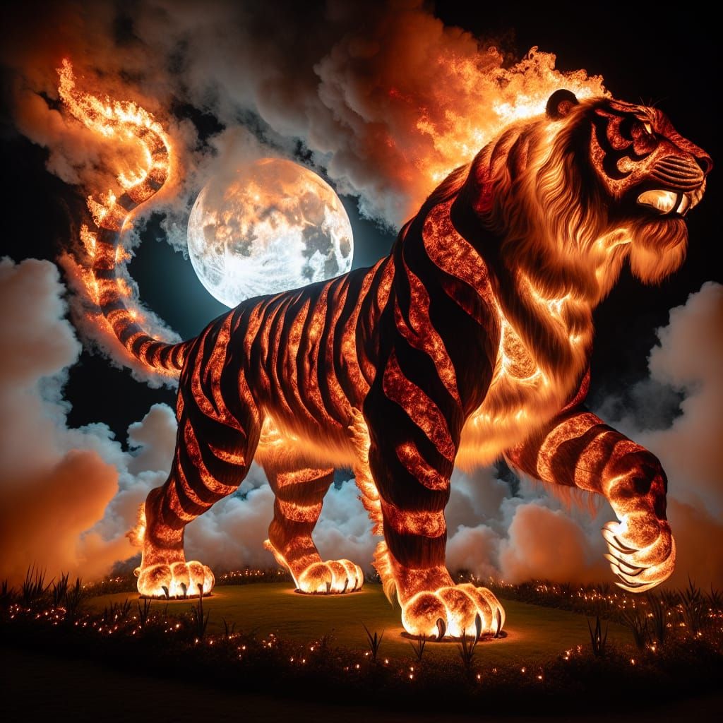 Majestic Tiger of Smoldering Fire in Dark Night Sky