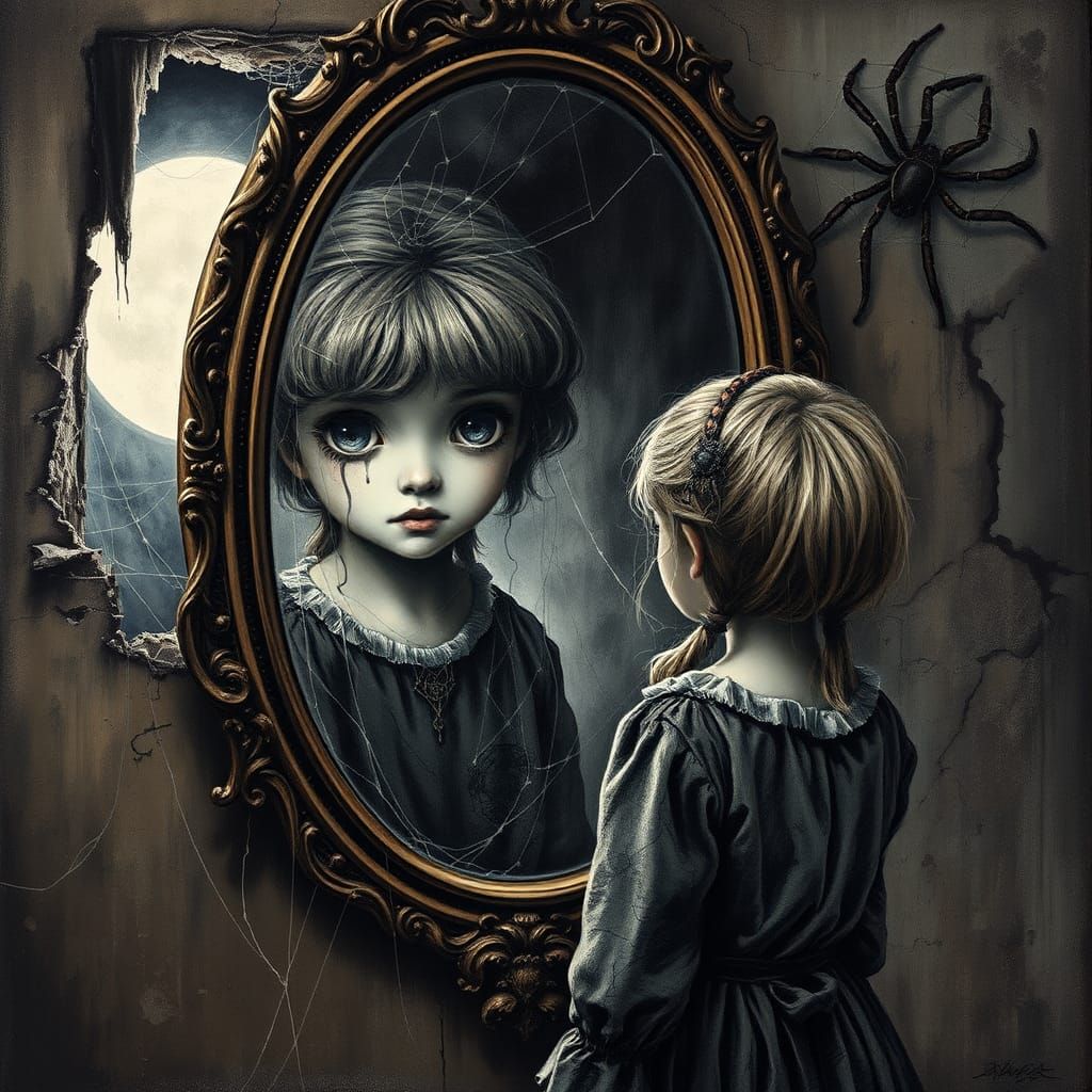 Girl and Weeping Reflection in Gothic Mirror