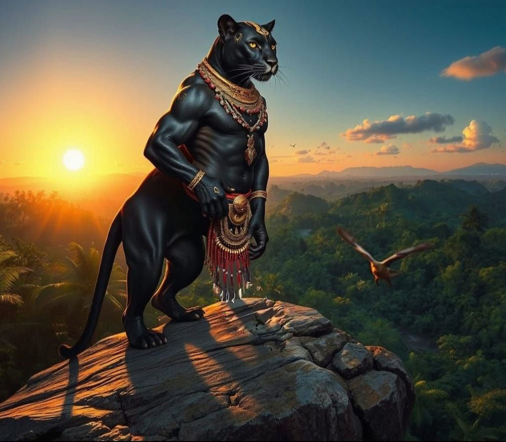 A sleek, muscular panther, draped in ornate tribal jewelry a...