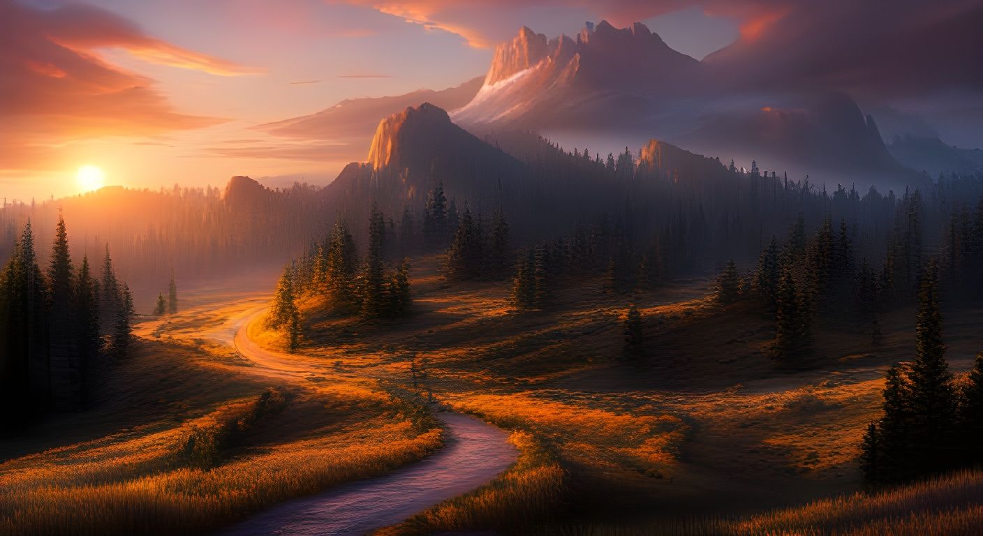 Golden Hour Road Through Pine Forest: Digital Painting