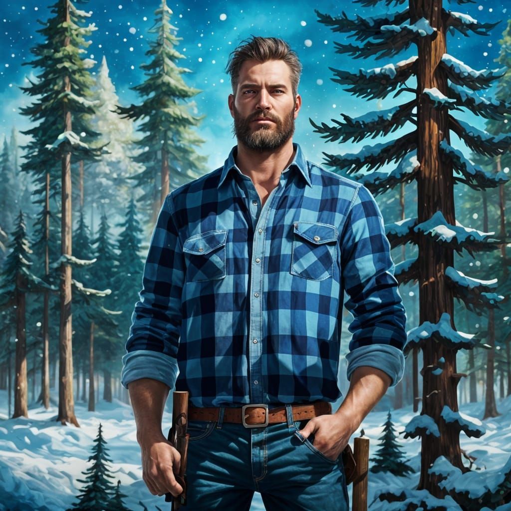 Blue Lumberjack in Spruce Grove: Digital Concept Art