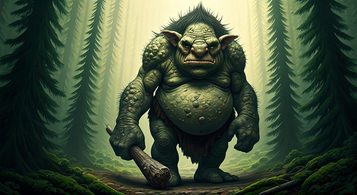 Gigantic, Lumbering Troll in a Dense Emerald Forest