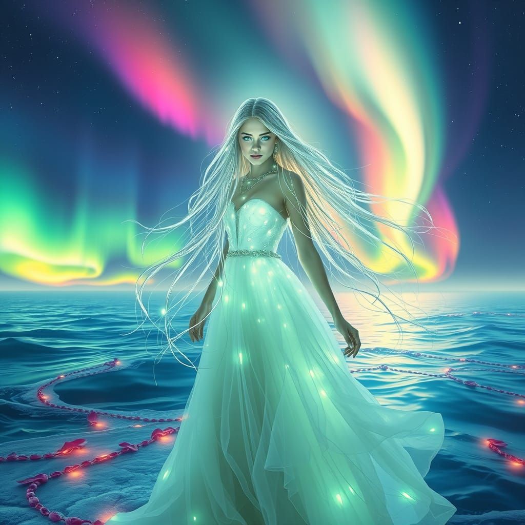 Ethereal Woman with Emerald Eyes and Flowing Dress