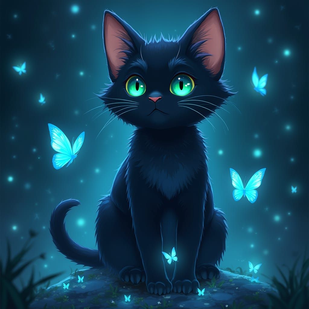 Mystical Black Anime Cat Amidst Whimsical Blue Butterflies i...