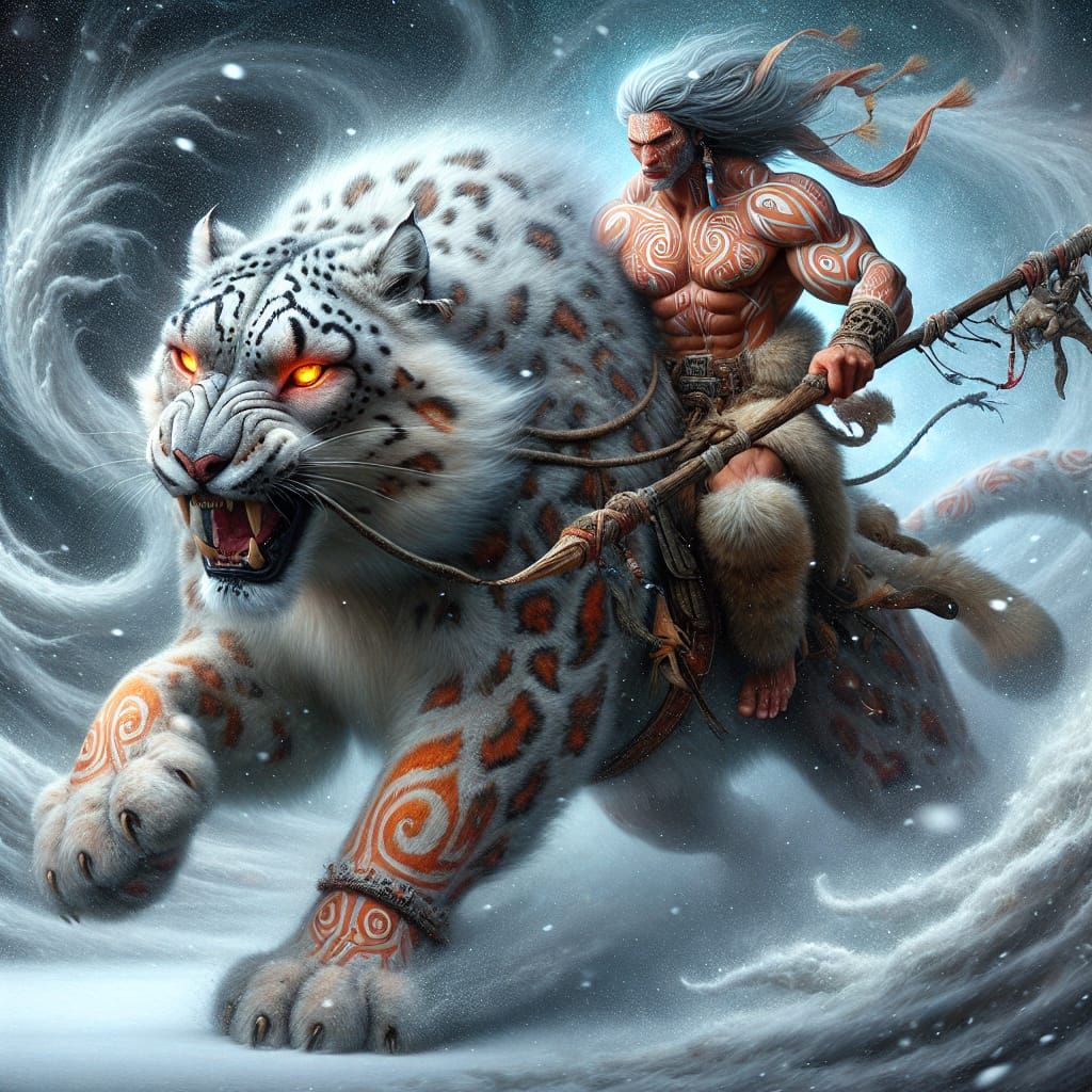 Tribal Warrior Rides Radiant Snow Leopard