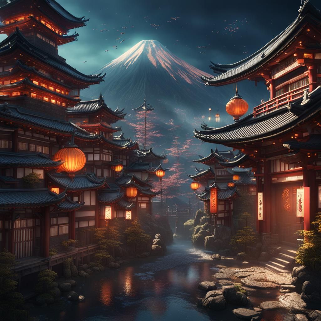 Detailed Matte Painting of Japanese City with Mount Fuji