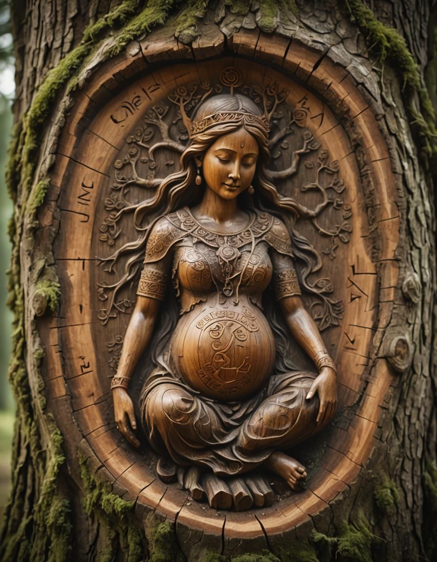 Pregnant Goddess Carved in Tree Trunk
