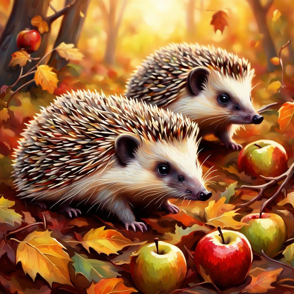 Hedgehogs Gathering Apples in Autumn Leaves