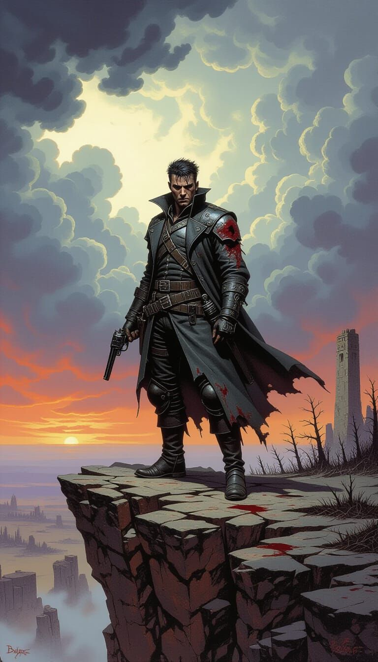 Dark Antihero Overlooks Wasteland in Fantasy Art Style