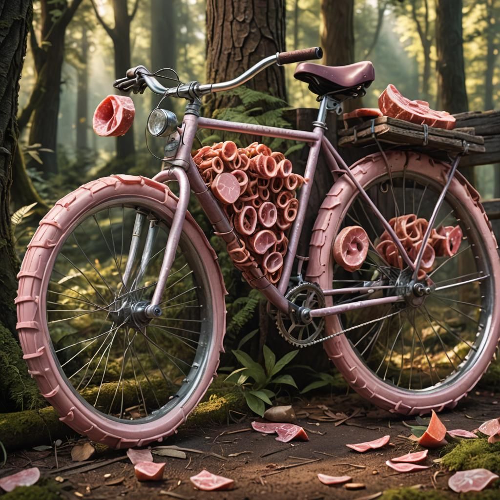 Meat Bicycle in Whimsical Forest, Fantasy Art