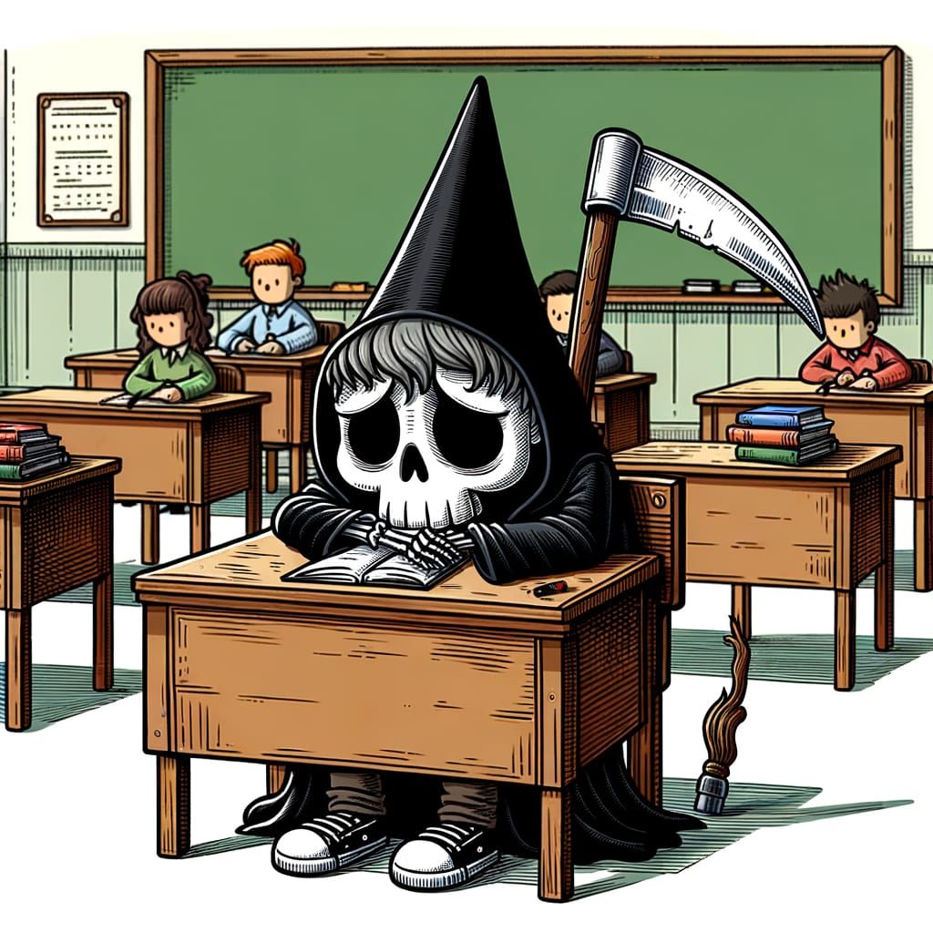 The Melancholic Grim Reaper Student in CGI Style