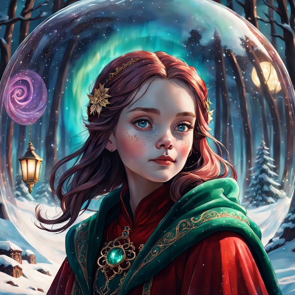 Whimsical Girl Santa Claus Portrait in Mystical Snow-Globe W...