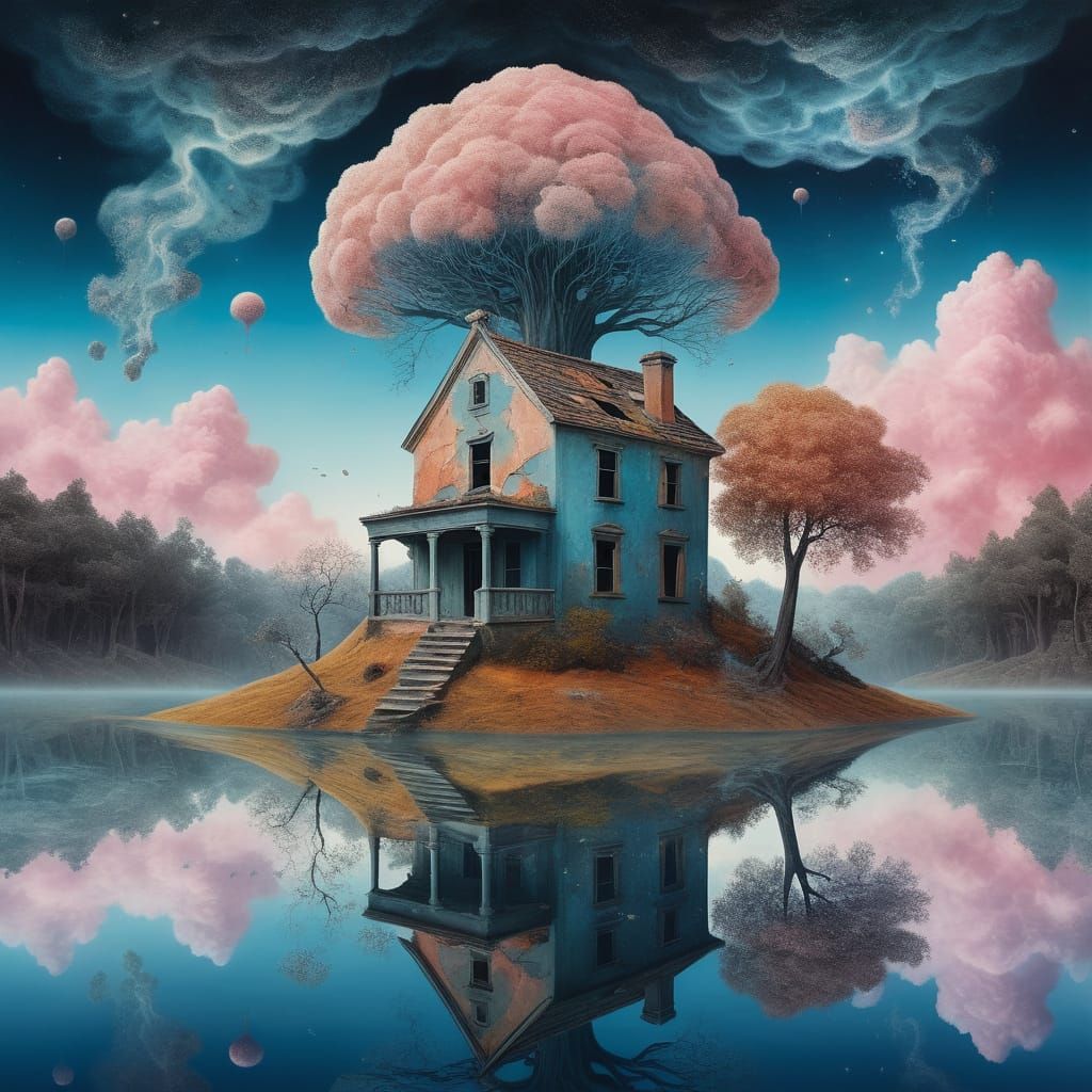 Surreal Floating Island with Ruined House and Cosmic Galaxy