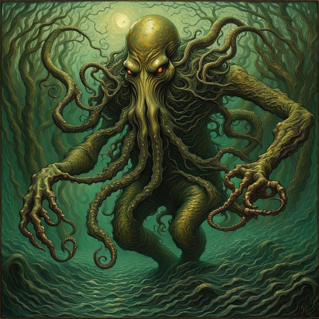 Cthulhu Running: Creepy Gold and Patina Green Art